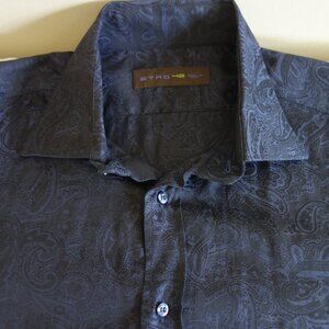 ETRO 42 Italy Black Blueish/Purplish Paisley Button Long Sleeve Shirt – 42